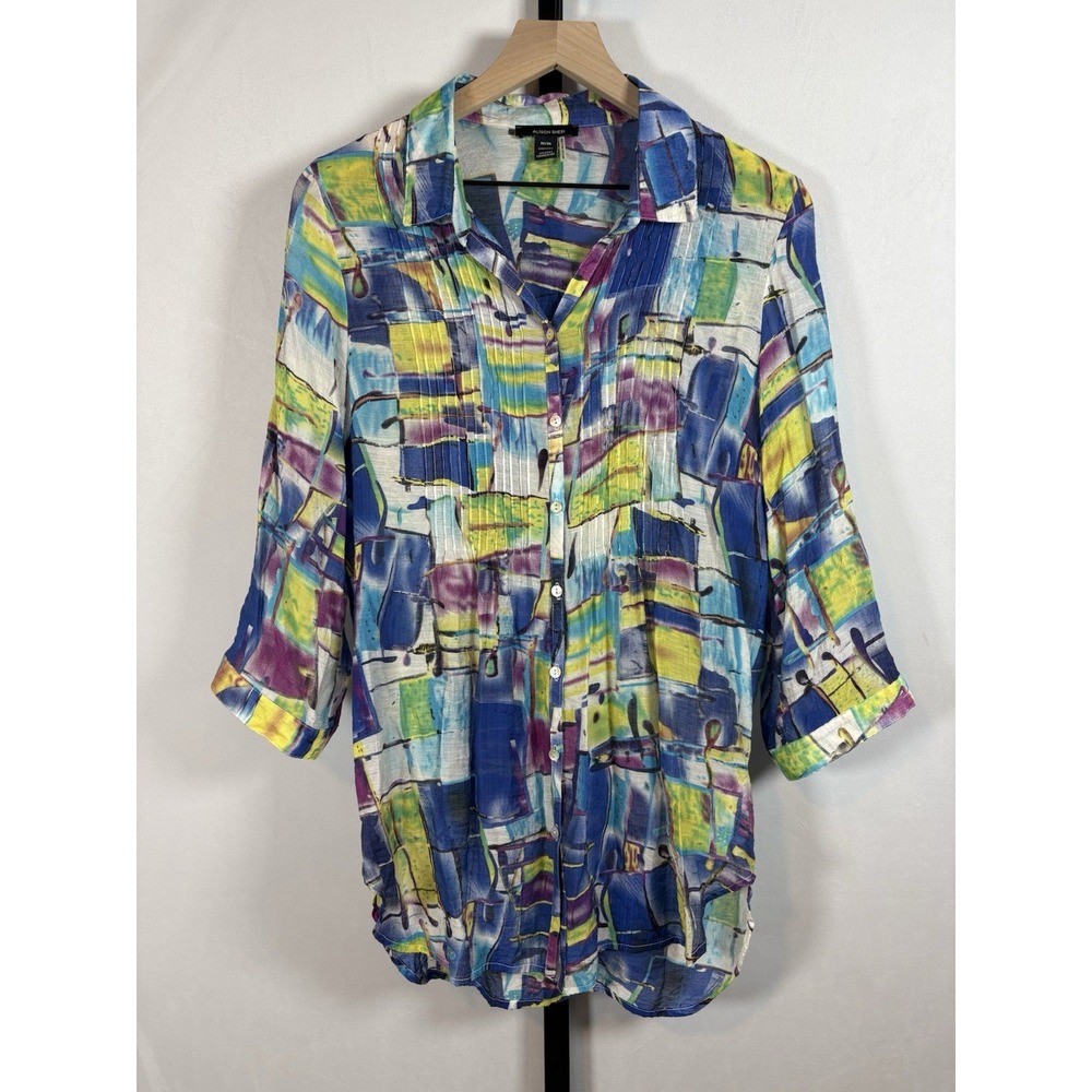 Alison Sheri Button Up Shirt Womens Medium Colorful Roll Tab Sleeve Artsy Top